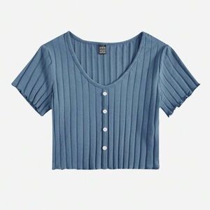 Blue Ribbed Button-Up Women's Top